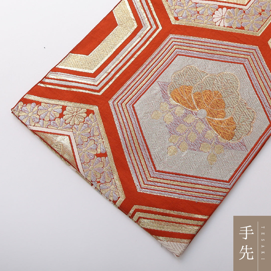 アンティーク 袋帯 帯丈412cm 六通 Aランク 正絹 家紋柄 亀甲 朱系 1223-02075