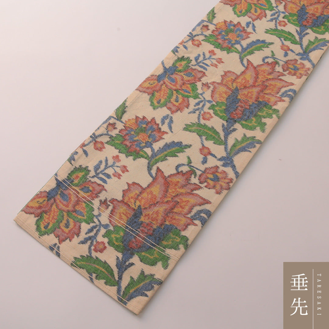 袋帯 帯丈428cm セミフォーマル 全通 Cランク 正絹 植物柄 クリーム系 1223-01882
