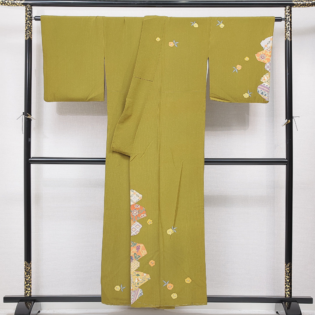 付下げ 袷 身丈155cm 裄丈67cm 正絹 Aランク インフォーマル 広衿 Mサイズ 部分絞り 金駒刺繍 ガード加工 唐華 菱 黄系 RP 1218-15727