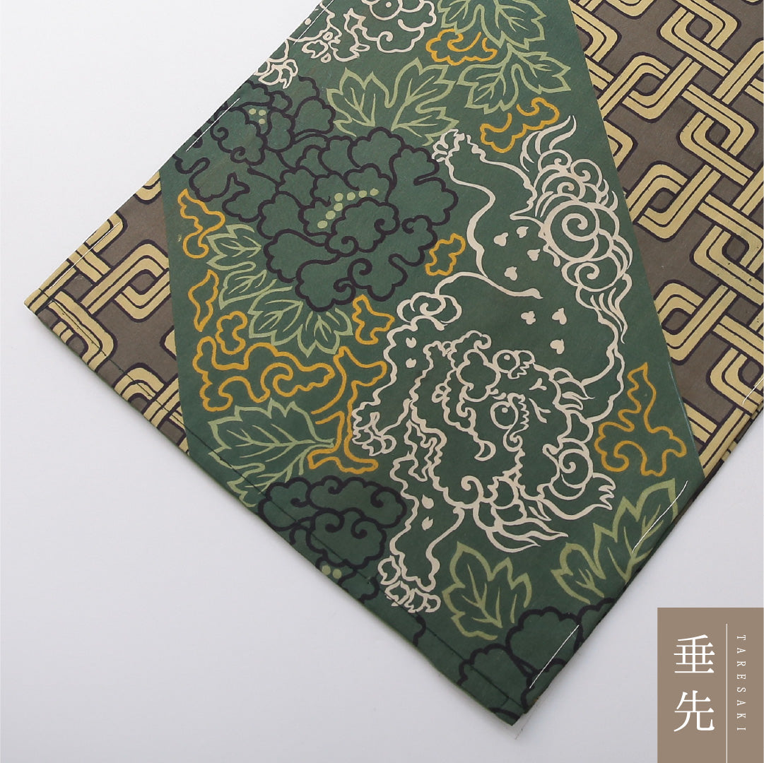 アンティーク 九寸名古屋帯 帯丈356cm セミフォーマル 開き仕立て 全通 Bランク 正絹 染め帯 唐獅子 牡丹 緑系 1224-03686