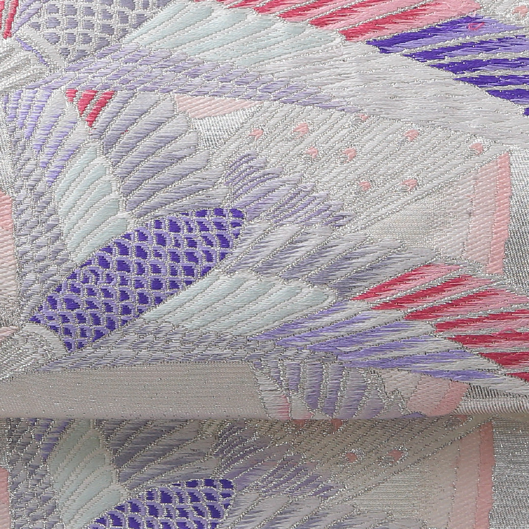 振袖用 袋帯 帯丈436cm 六通 Aランク 正絹 千鳥 クリーム系 銀系 1223-02077