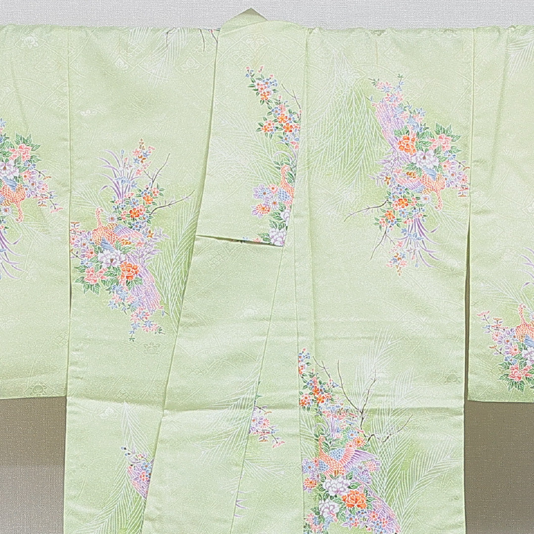 小紋 洗える着物 袷 身丈158cm 裄丈64cm ポリエステル Cランク Mサイズ 広衿 インフォーマル 花喰鳥 緑系 1215-16058