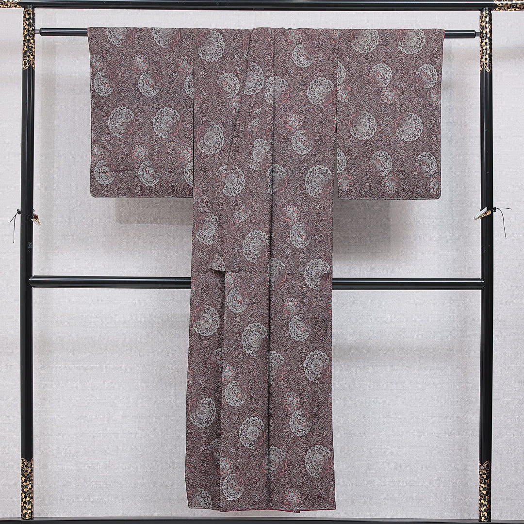 お召 袷 身丈146cm 裄丈61cm 正絹 Aランク インフォーマル バチ衿 XSサイズ 鏡裏文 花柄 茶系 RP 1222-16422