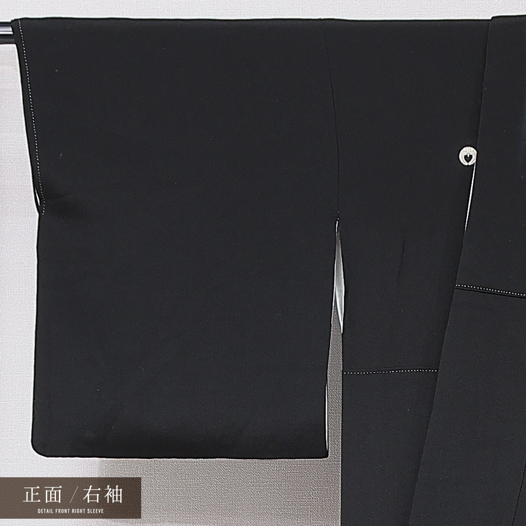 黒留袖 袷 身丈159cm 裄丈65cm 三つ紋 下がり藤 フォーマル Aランク Mサイズ 正絹 比翼仕立て 広衿 扇 七宝 牡丹 金駒刺繍 1211-F0682