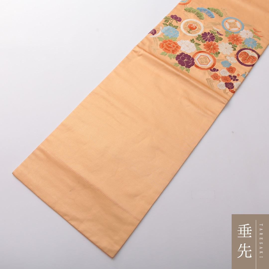 九寸名古屋帯 帯丈354cm セミフォーマル 名古屋仕立て ポイント柄 Cランク 正絹 菊 朱系 1224-03552