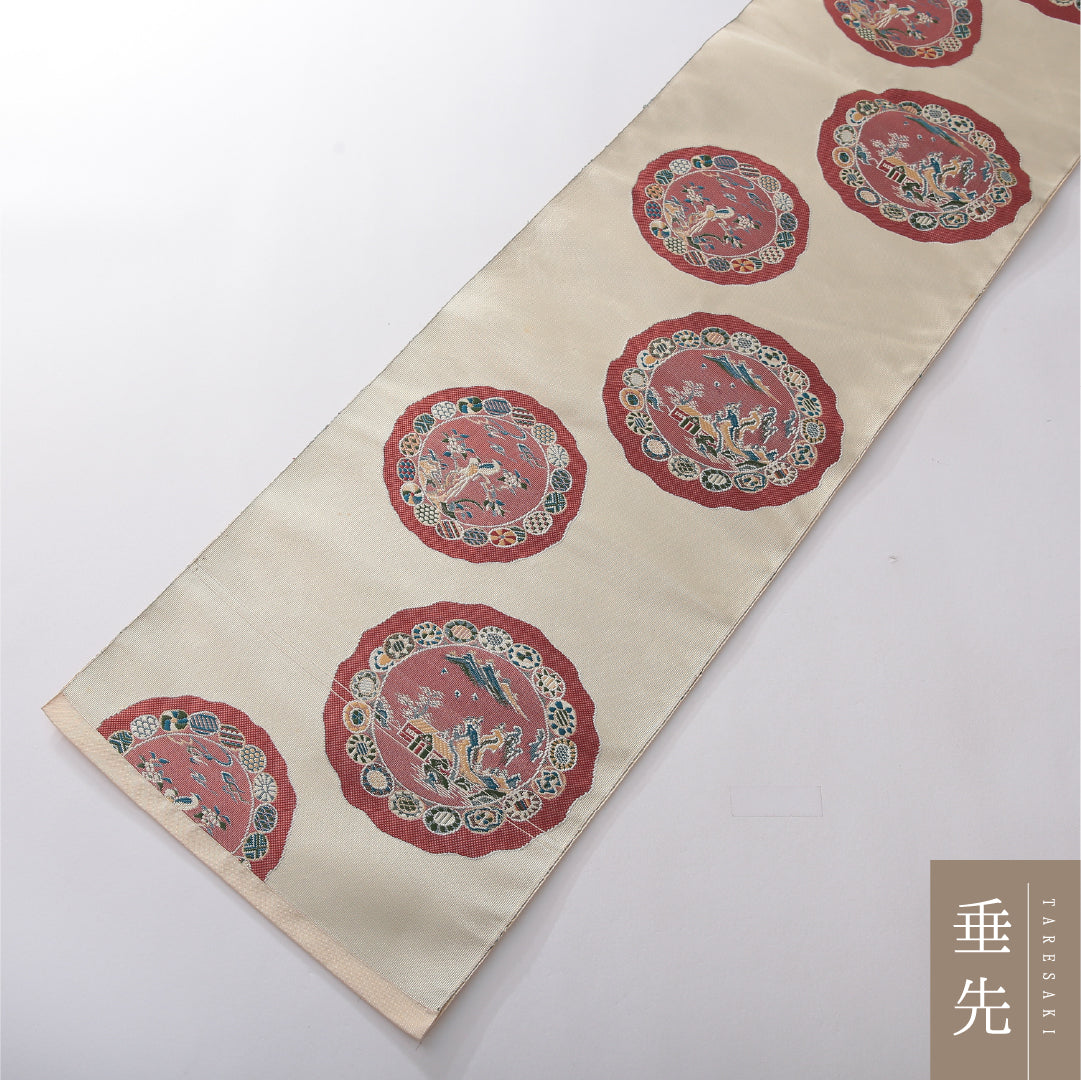 八寸名古屋帯 帯丈364cm カジュアル 松葉仕立て 六通 Cランク 正絹 丸文 クリーム系 1224-03835