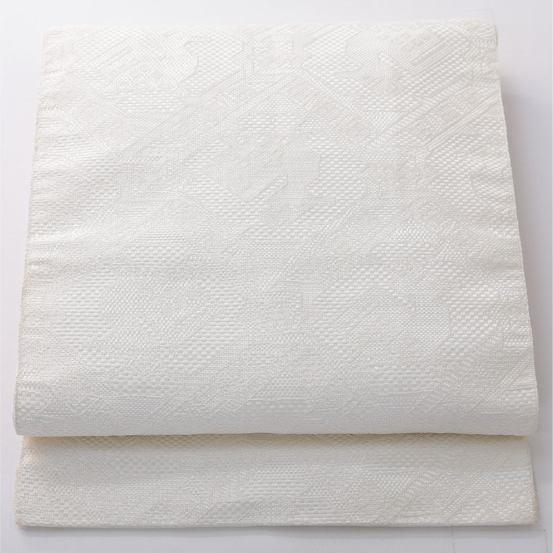 九寸名古屋帯 帯丈268cm カジュアル 開き仕立て 全通 Cランク 正絹 有栖川文 白系 1224-03811