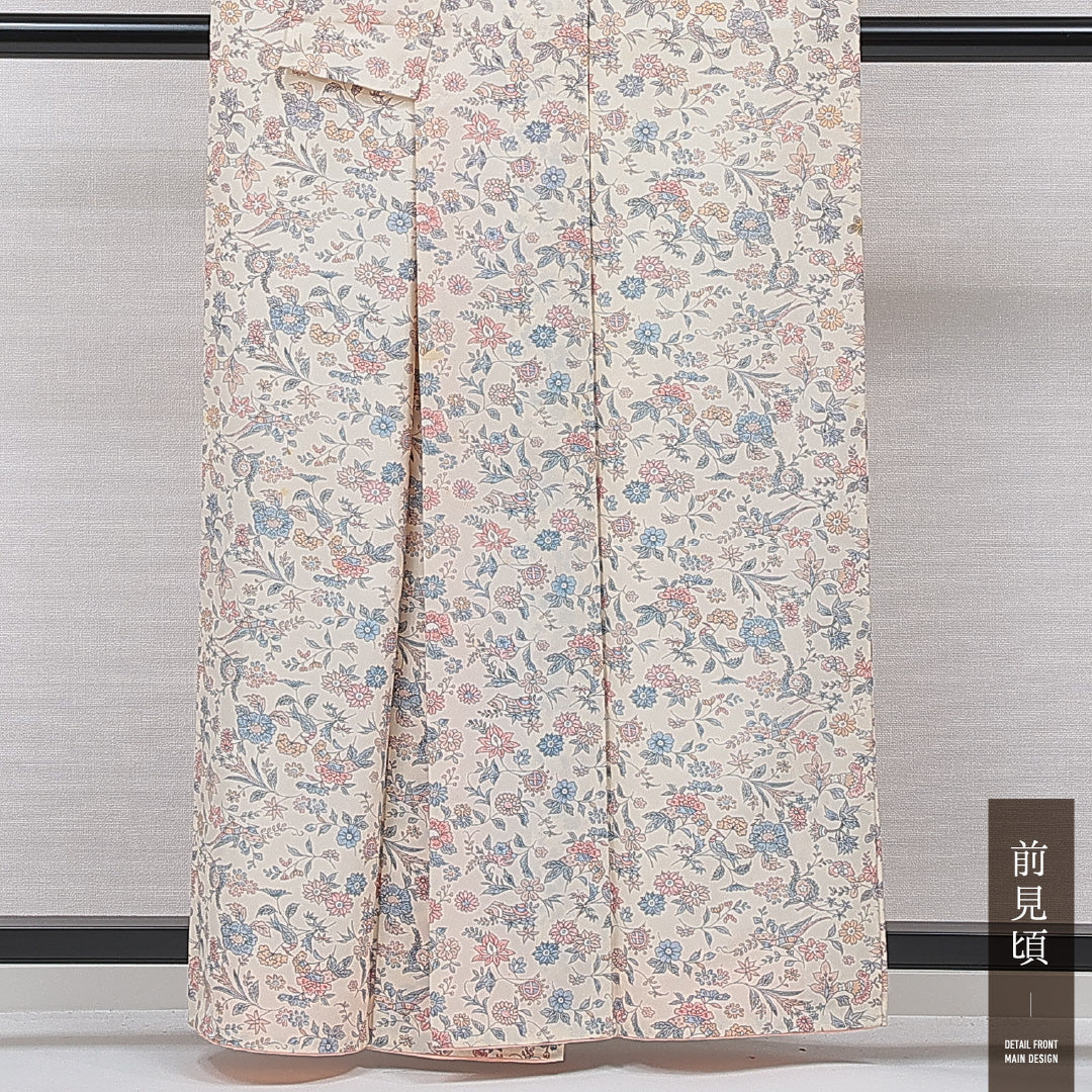 小紋 洗える着物 袷 身丈158cm 裄丈63cm ポリエステル Cランク Mサイズ 広衿 インフォーマル 菊 クリーム系 1215-15810