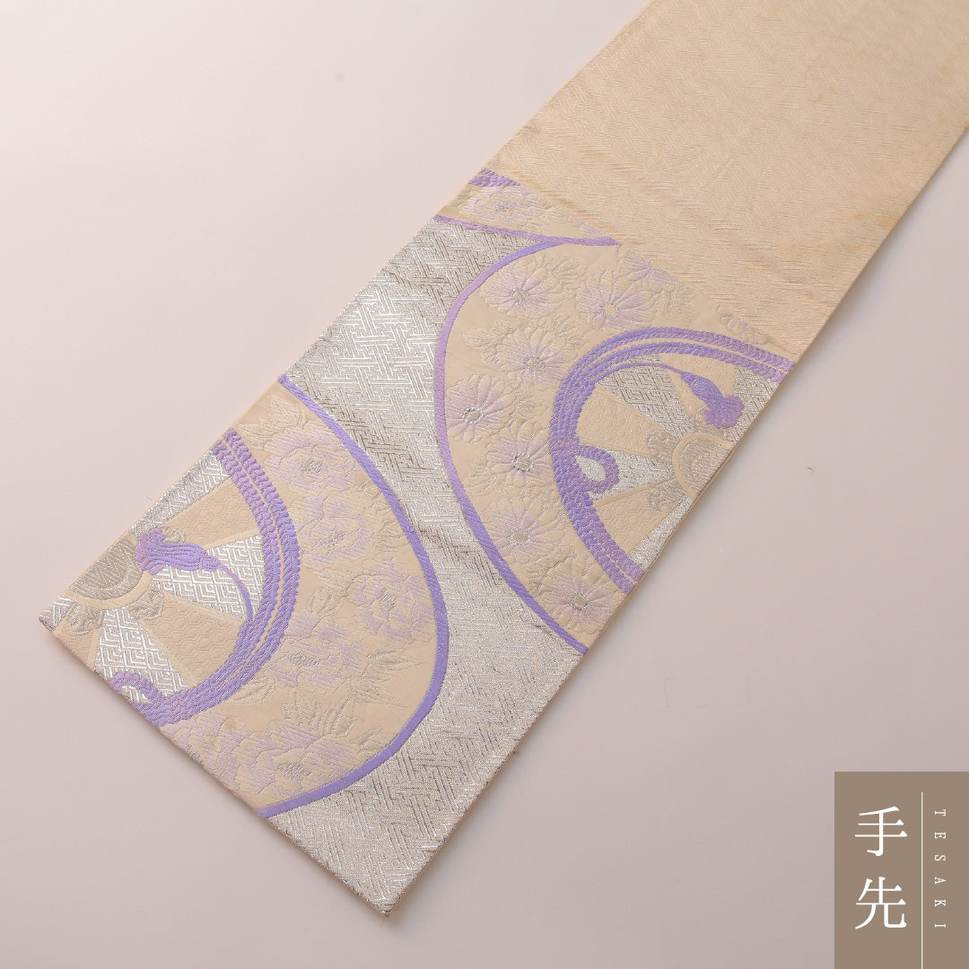 袋帯 帯丈428cm フォーマル 六通 Cランク 正絹 組紐 紗綾型 白系 銀系 1223-01901