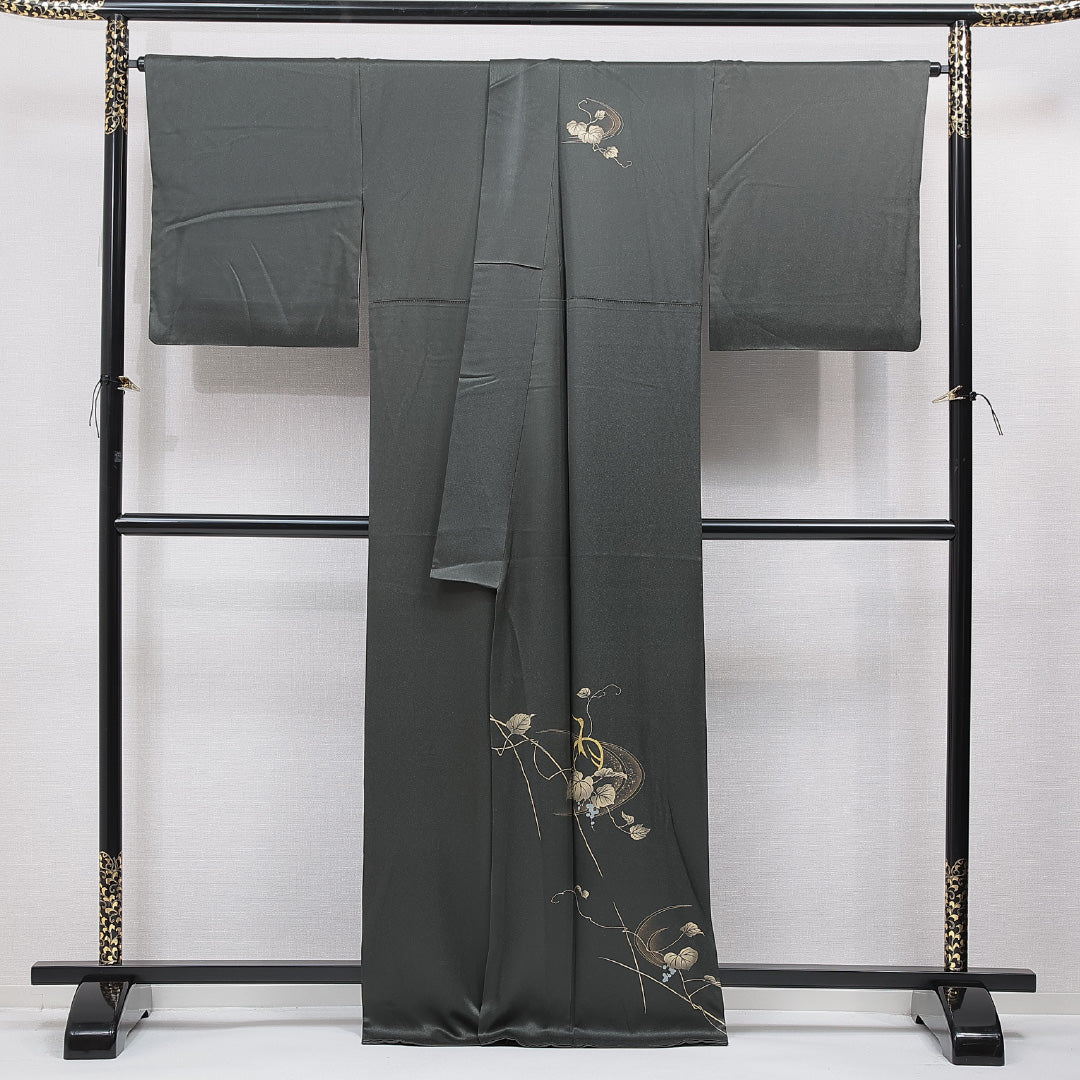 付下げ 袷 身丈166cm 裄丈69cm 正絹 Sランク インフォーマル 広衿 XLサイズ 鶴 葡萄 上品 落ち着き 緑系 M4 1218-15499