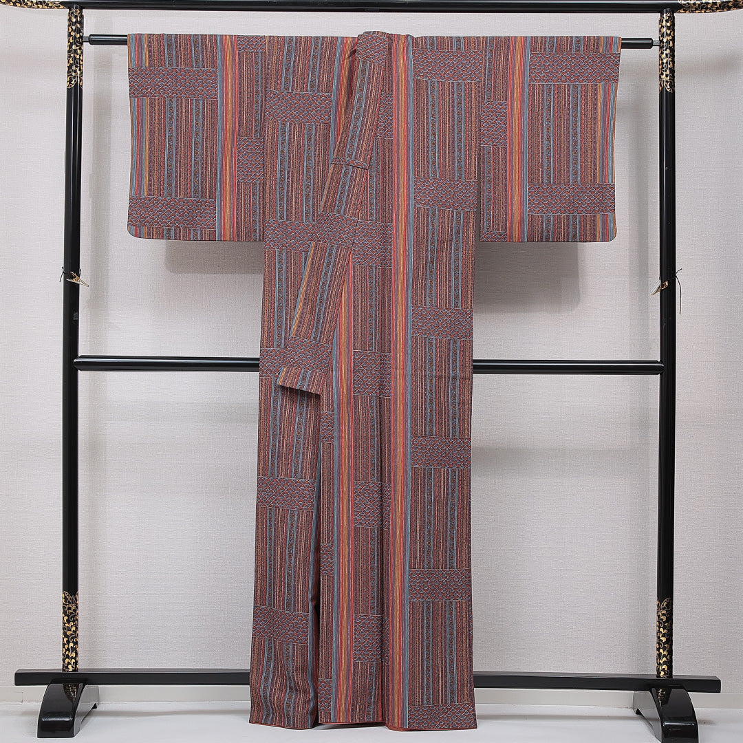 小紋 袷 身丈163cm 裄丈63cm 正絹 Sランク Lサイズ 広衿 インフォーマル 創作柄 多色系 1215-15487