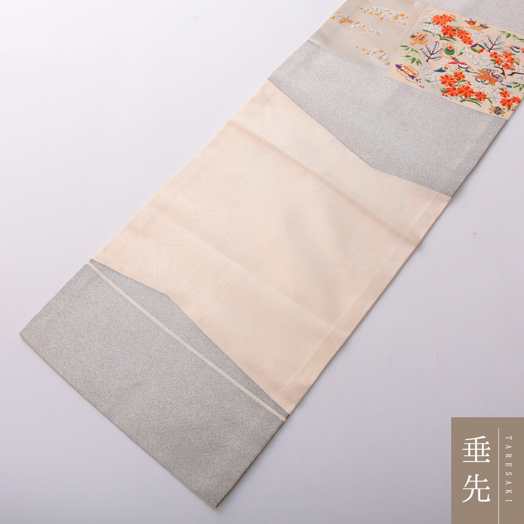 九寸名古屋帯 帯丈361cm セミフォーマル 名古屋仕立て ポイント柄 Aランク 正絹 菊 銀系 1224-03485