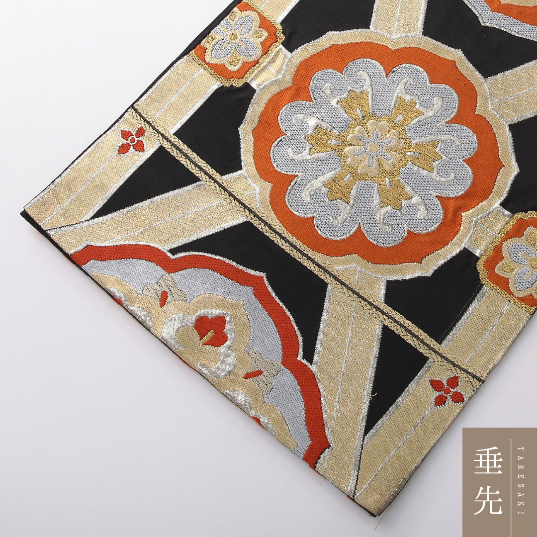 アンティーク 袋帯 帯丈400cm 六通 Aランク 正絹 鏡裏文 黒系 1223-02088