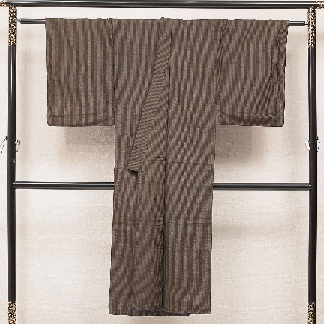 男着物 袷 身丈138cm 裄丈63cm 正絹 Aランク カジュアル 棒衿 Sサイズ 縞 茶系 RP 1224-16923