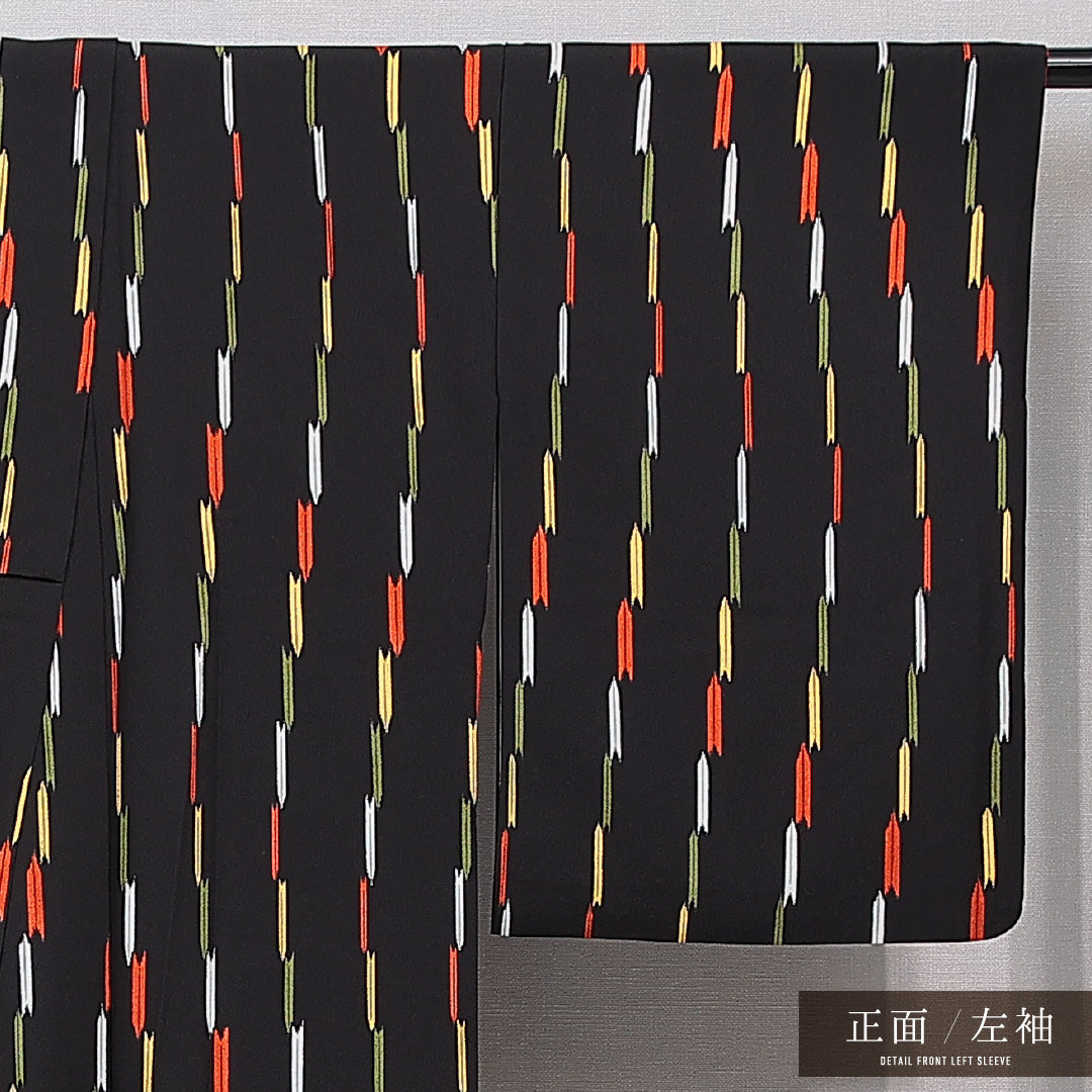 小紋 袷 身丈168cm 裄丈65cm 正絹 Sランク XLサイズ 広衿 インフォーマル 縞 黒系 多色系 1215-15485