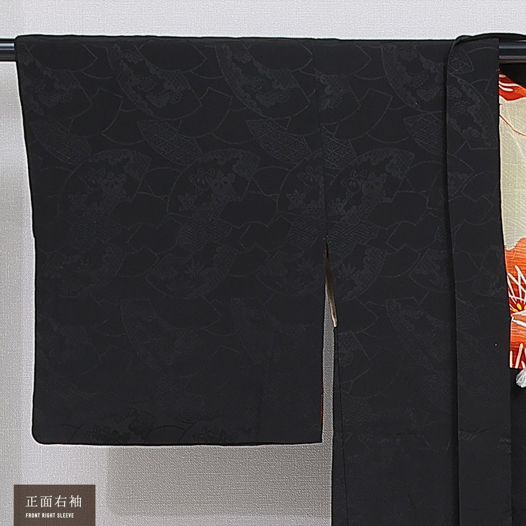 黒羽織 袷 身丈75cm 裄丈62cm 正絹 Aランク 一つ紋 (五三桐) 紋意匠 (吉祥文様) セミフォーマル Sサイズ 織り出し 紐あり 黒系 RP 1233-16121
