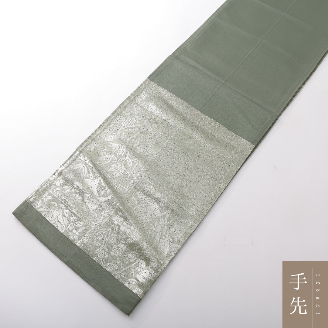 袋帯 帯丈432cm 正絹 六通 帯芯なし セミフォーマル 鹿野苑 仏教美術 緑系 1243-02129