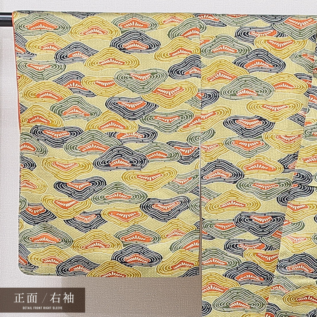 小紋 袷 身丈161cm 裄丈64cm 正絹 Sランク インフォーマル 広衿 Lサイズ 笠松 緑系 RP 1221-15589