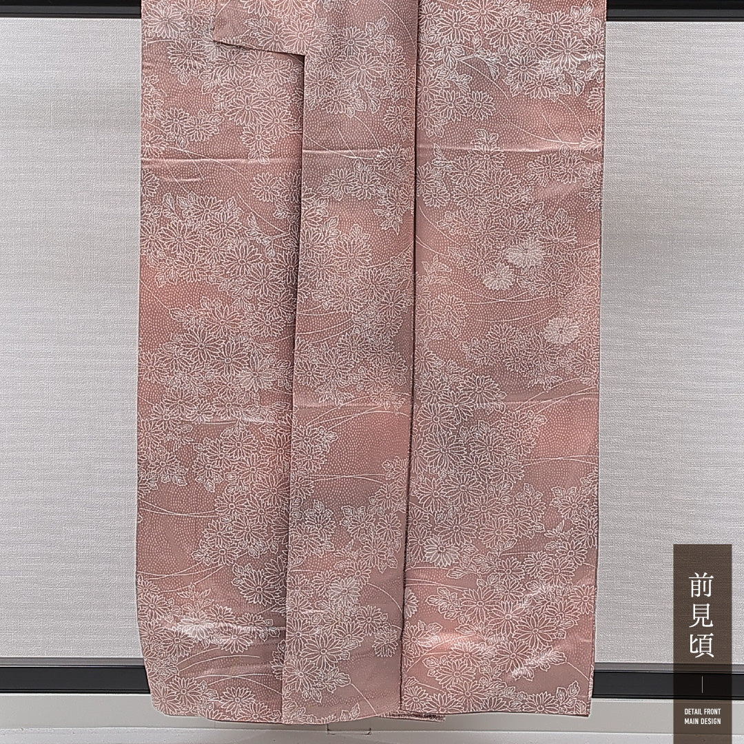 小紋 袷 身丈157cm 裄丈62cm 正絹 Cランク インフォーマル 広衿 Mサイズ 菊 ピンク系 LP 1221-15514