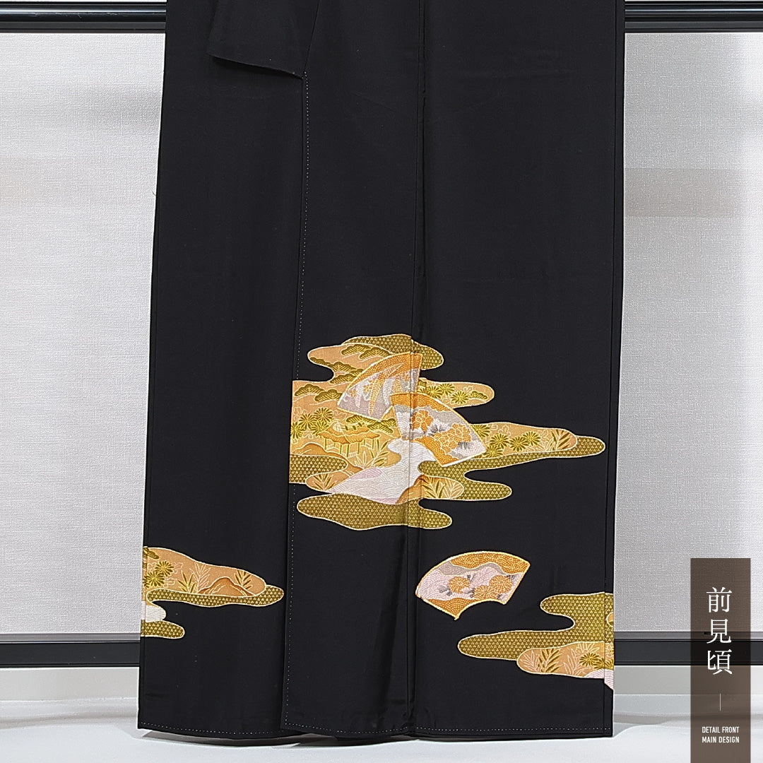 黒留袖 袷 身丈160cm 裄丈63cm 三つ紋 下り藤 フォーマル Sランク Lサイズ 正絹 広衿 茶屋辻 扇 金駒刺繍 1211-F0631
