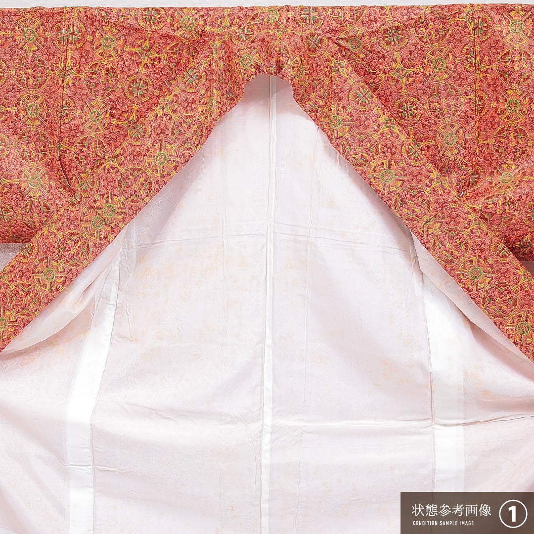 洗える着物 小紋 袷 身丈160cm 裄丈65cm ポリエステル Aランク インフォーマル 広衿 Lサイズ 連珠文 朱系 RP 1221-16389