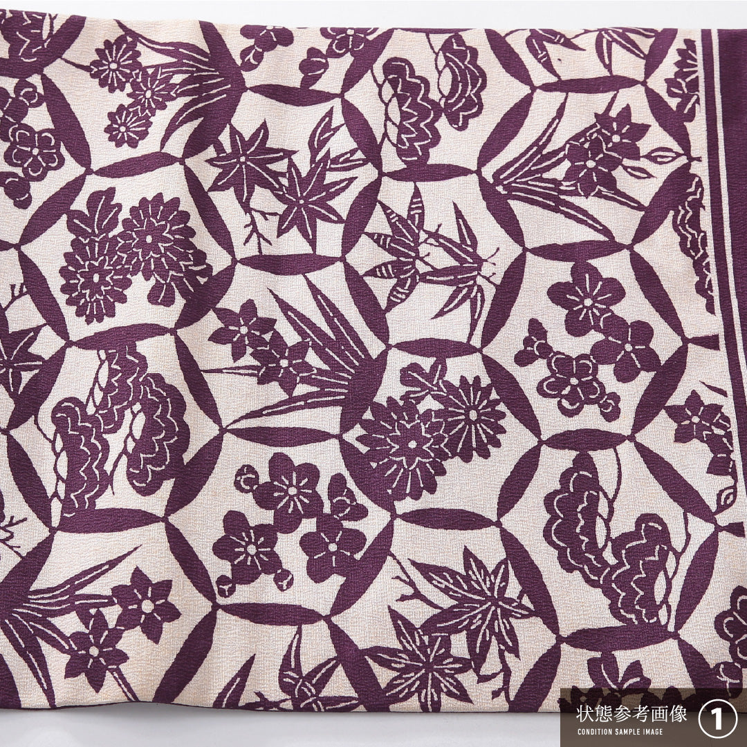 九寸名古屋帯 帯丈345cm カジュアル 名古屋仕立て 全通 Aランク 正絹 染め帯 古典柄 紫系 クリーム系 1224-03924