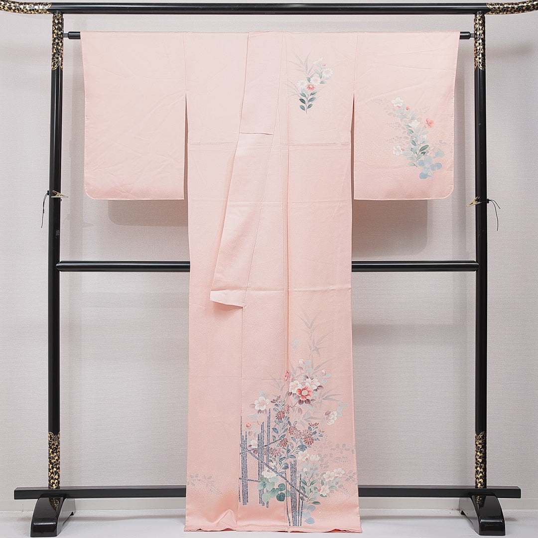 未使用品 訪問着 袷 身丈172cm 裄丈64cm 正絹 Nランク セミフォーマル 広衿 2XLサイズ 牡丹 可憐 落ち着き ピンク系 M4 1217-15358