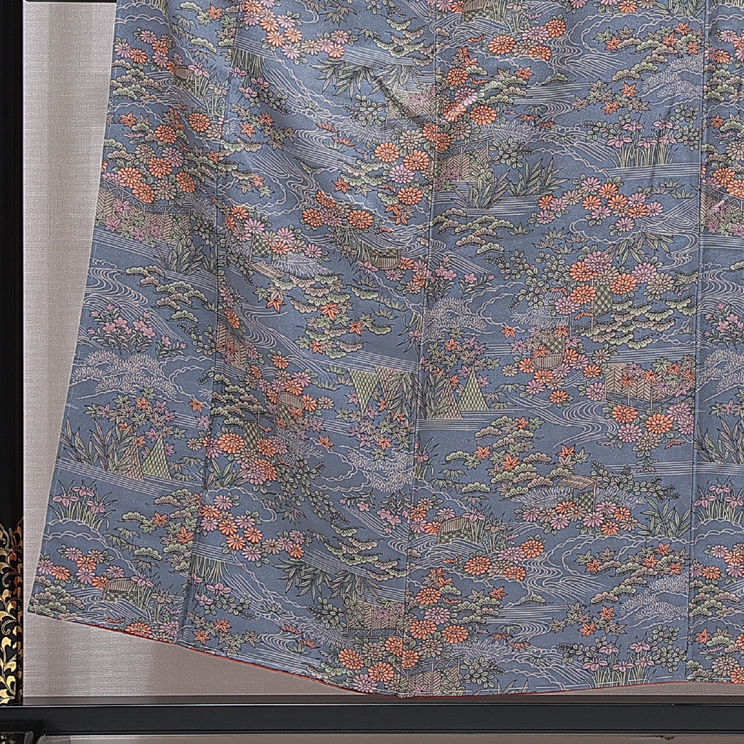 洗える着物 小紋 袷 身丈152cm 裄丈60cm ポリエステル Sランク インフォーマル 広衿 Sサイズ 菊 笹 グレー系 RP 1221-15689
