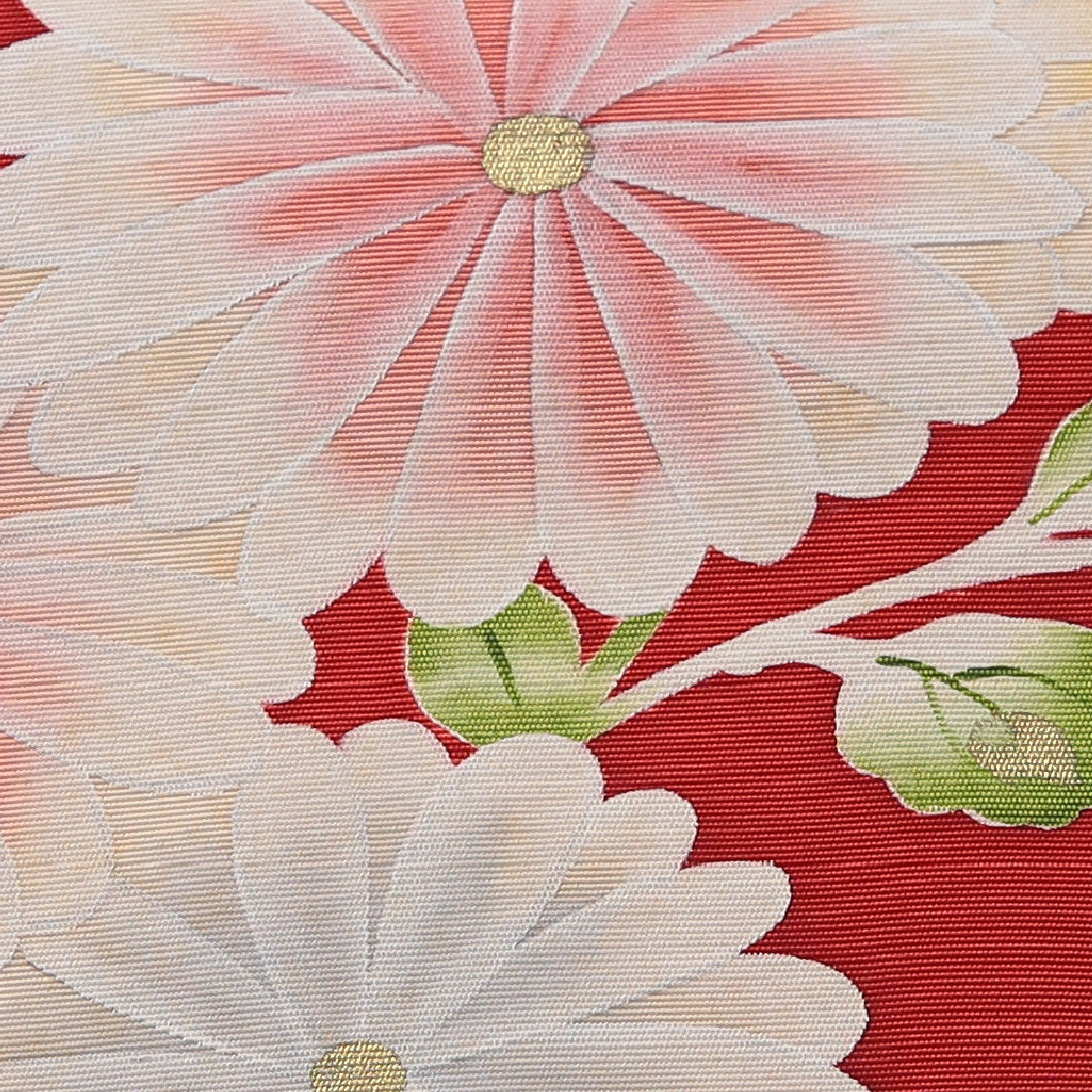 九寸名古屋帯 帯丈358cm セミフォーマル 名古屋仕立て ポイント柄 Aランク 正絹 染め帯 塩瀬 菊 赤系 1224-03514