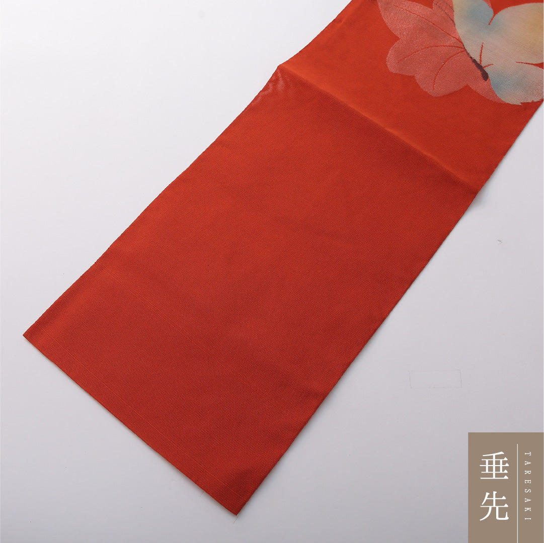 新古品 八寸名古屋帯 帯丈356cm カジュアル 松葉仕立て ポイント柄 Nランク 正絹 蝶 しつけ糸 朱系 1224-03467
