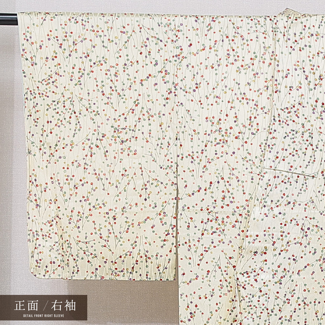 小紋 袷 身丈157cm 裄丈63cm 正絹 Sランク インフォーマル 広衿 Mサイズ 植物柄 クリーム系 RP 1221-15641