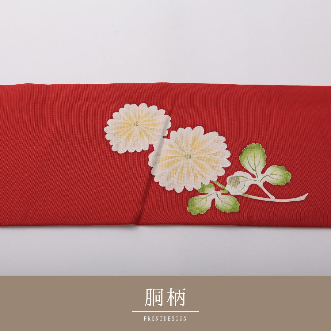 九寸名古屋帯 帯丈358cm セミフォーマル 名古屋仕立て ポイント柄 Aランク 正絹 染め帯 塩瀬 菊 赤系 1224-03514