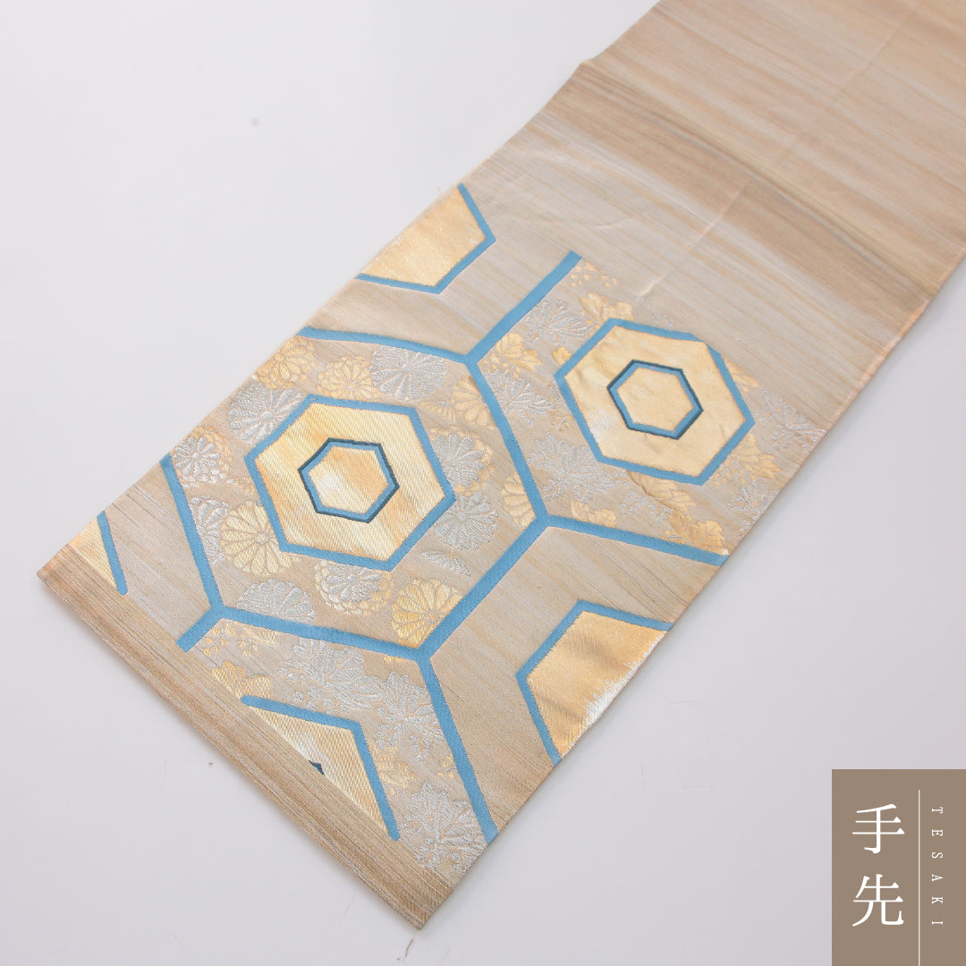 袋帯 帯丈438cm フォーマル 六通 Aランク 正絹 亀甲 金系 1223-02313