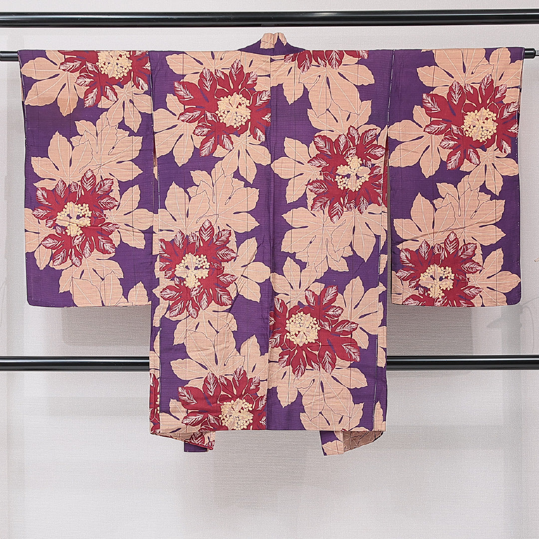 アンティーク 羽織(紬) 袷 身丈96cm 裄丈63cm 正絹 Aランク Sサイズ バチ衿 後染め 天狗の葉 緑系 1217-15180