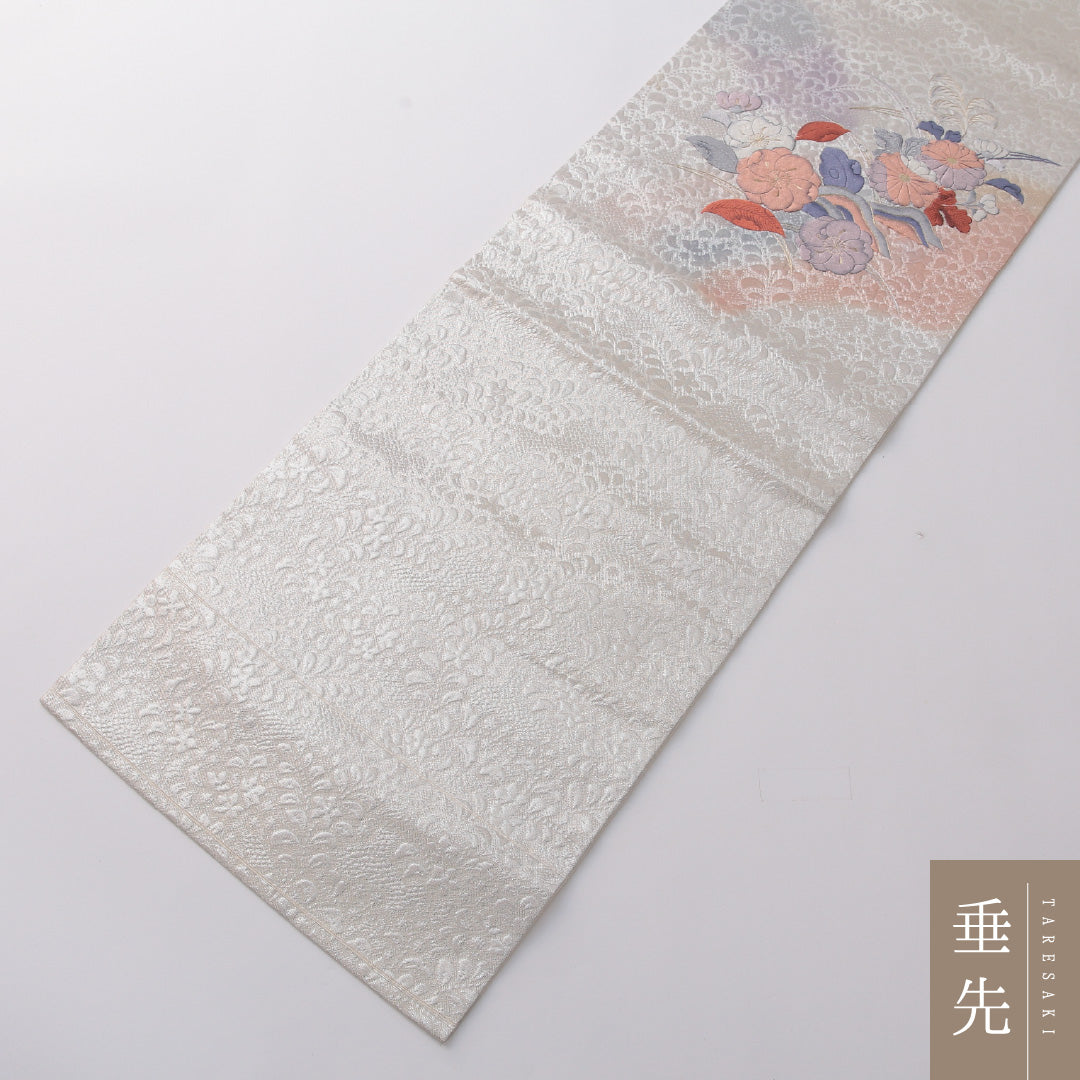 九寸名古屋帯 帯丈360cm セミフォーマル 名古屋仕立て ポイント柄 Cランク 正絹 刺繍 梅 銀系 1224-03299