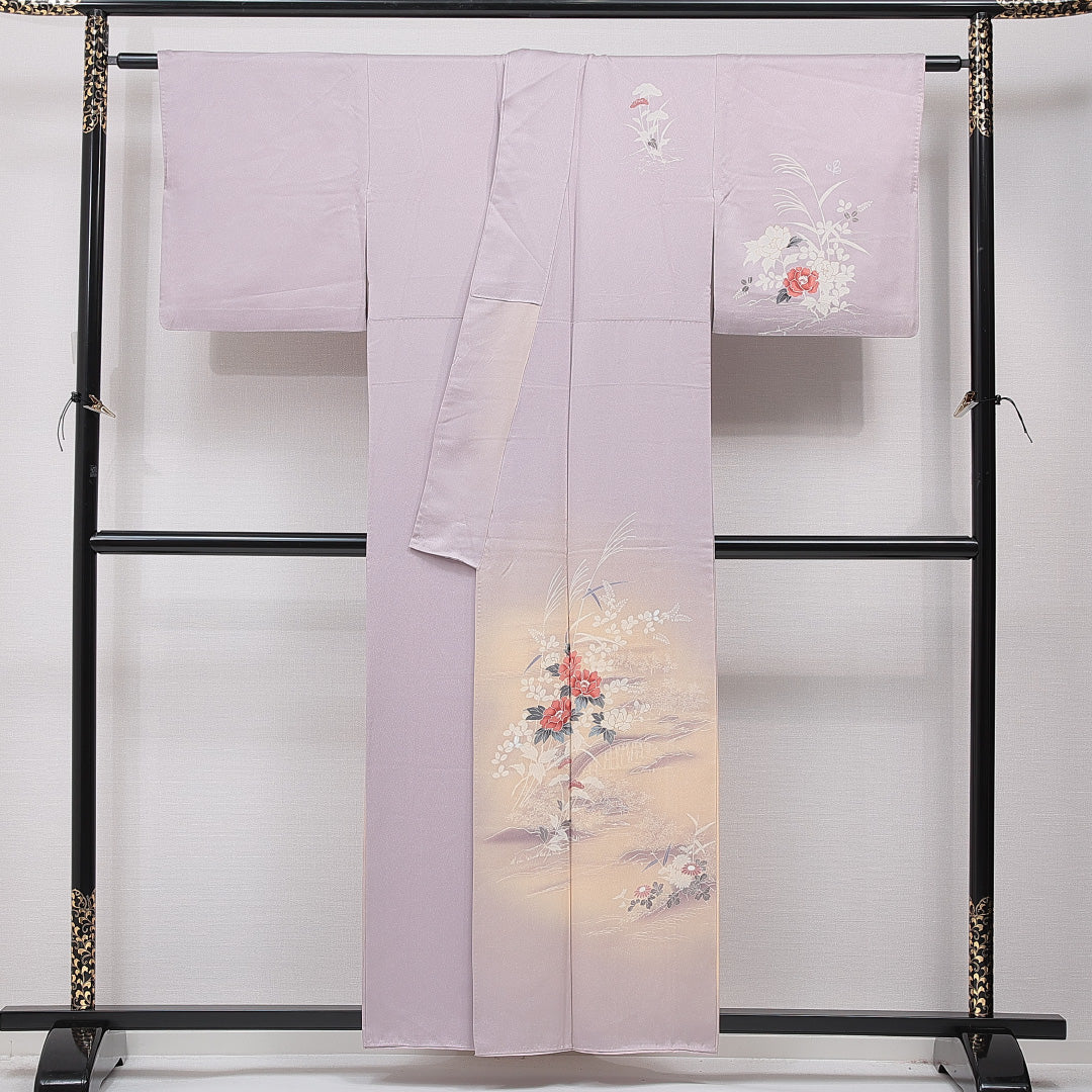 訪問着 袷 身丈155cm 裄丈63cm 正絹 Bランク セミフォーマル 広衿 Mサイズ 牡丹 可憐 優しい 紫系 RP 1217-15441