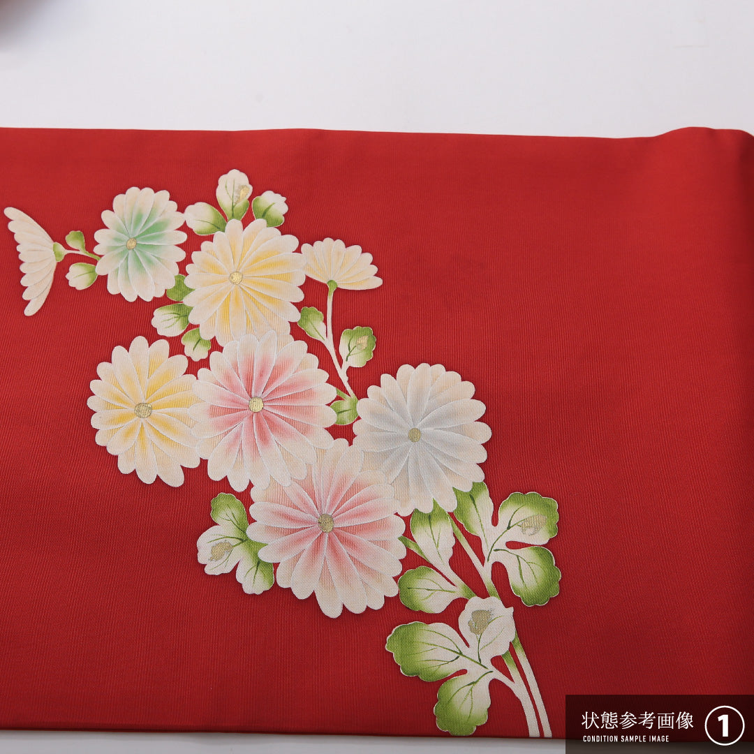 九寸名古屋帯 帯丈358cm セミフォーマル 名古屋仕立て ポイント柄 Aランク 正絹 染め帯 塩瀬 菊 赤系 1224-03514