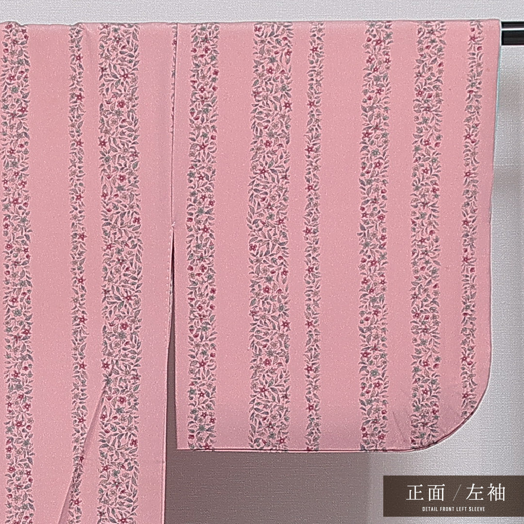 小紋 洗える着物 袷 身丈161cm 裄丈65cm ポリエステル Cランク Lサイズ 広衿 インフォーマル 花柄 ピンク系 1215-16103