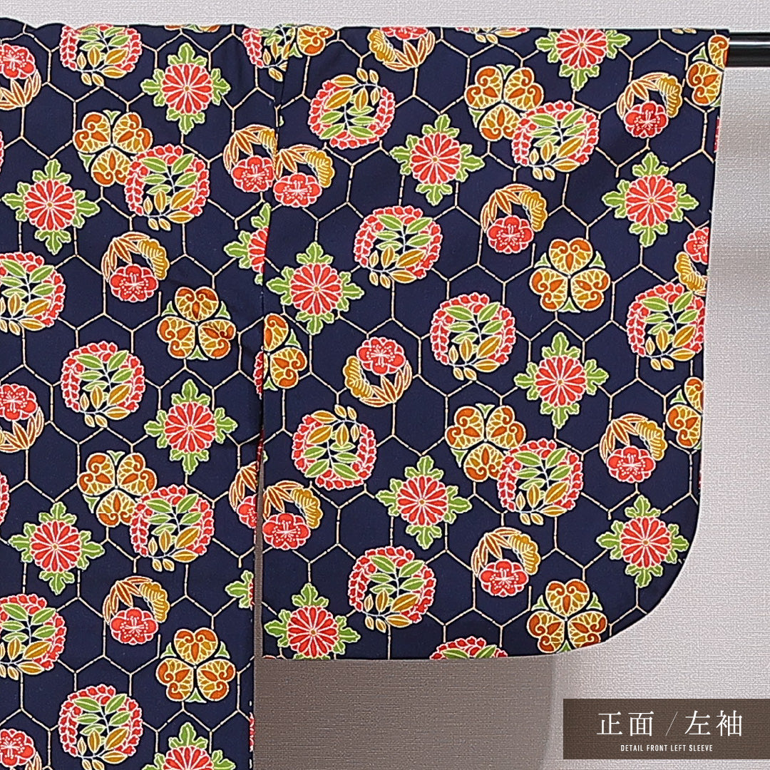 小紋 単衣 身丈151cm 裄丈63cm 正絹 Dランク Sサイズ バチ衿 インフォーマル 亀甲 菊 紺系 1215-15482