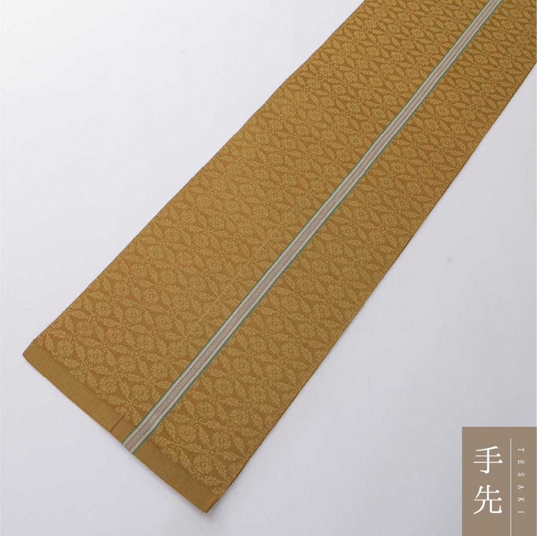 八寸名古屋帯 帯丈392cm セミフォーマル 開き仕立て 全通 Sランク 正絹 唐草 菊 黄系 緑系 1224-03284