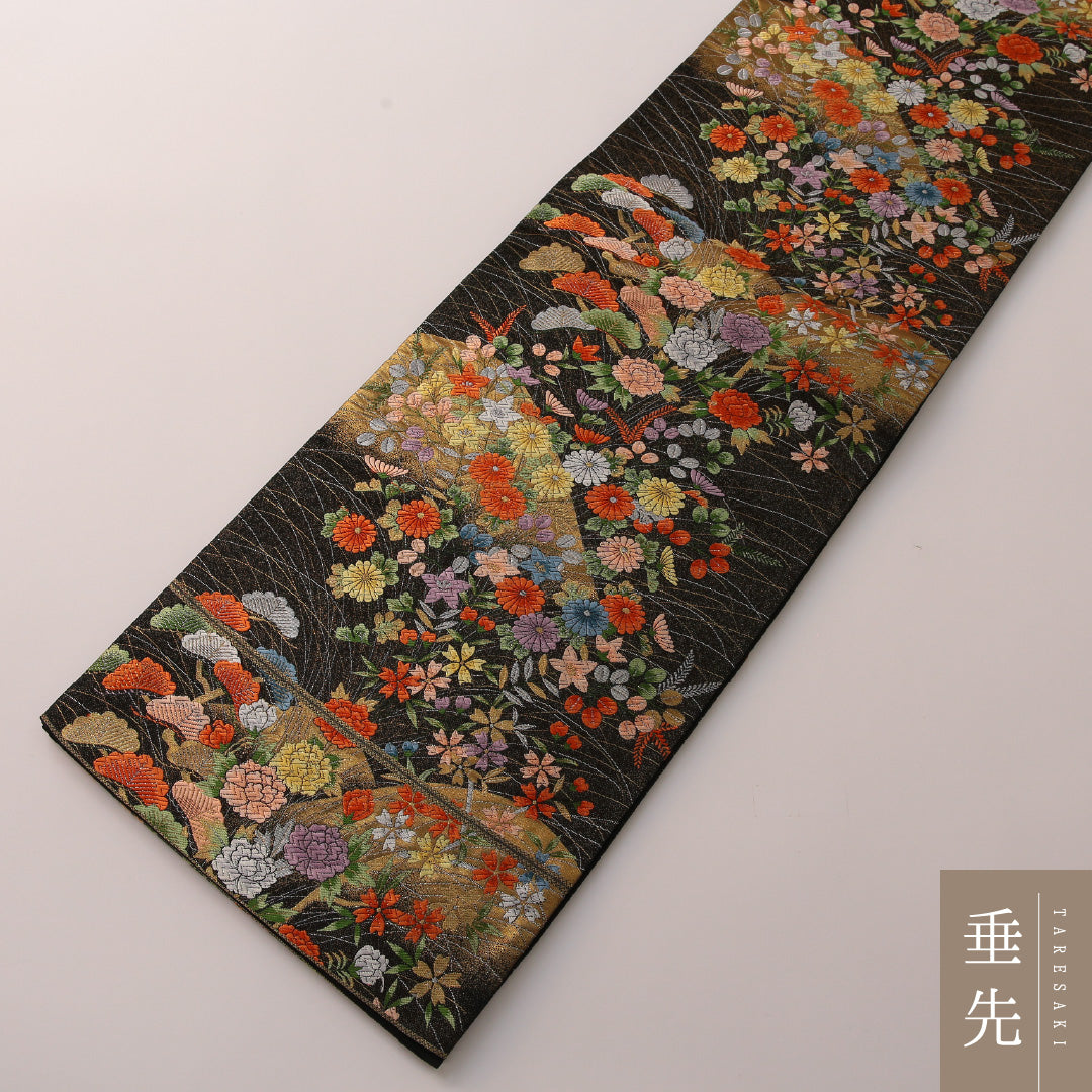 袋帯 帯丈424cm フォーマル 六通 Sランク 正絹 菊 笠松 黒系 金系 1223-01904