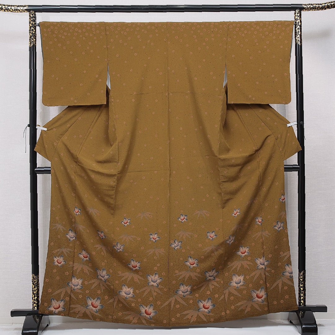 付下げ 洗える着物 袷 身丈165cm 裄丈66cm ポリエステル Sランク XLサイズ 広衿 インフォーマル 梅 笹 茶系 1261-15677