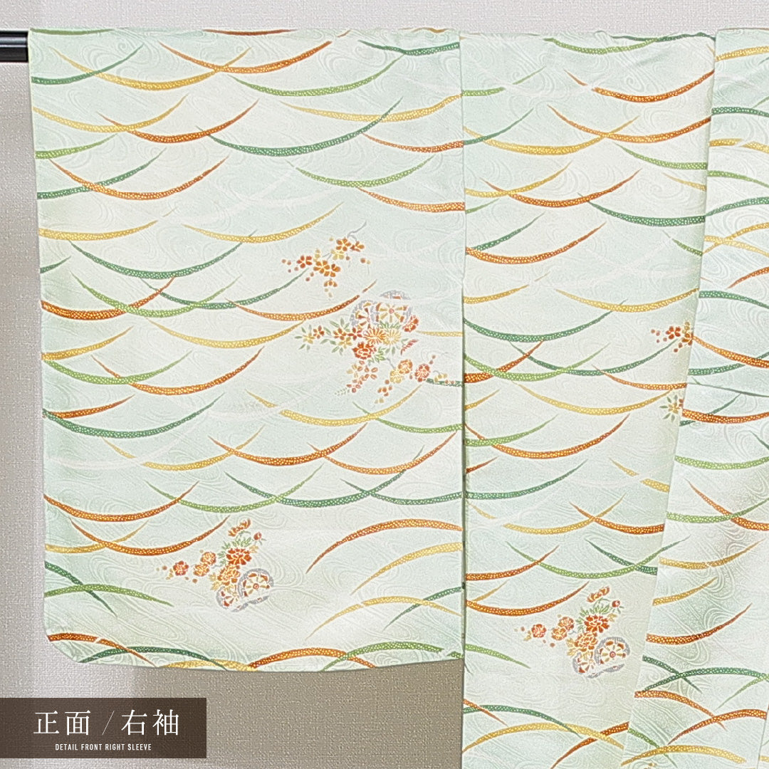 小紋 洗える着物 袷 身丈162cm 裄丈61cm ポリエステル Bランク Lサイズ 広衿 インフォーマル 源氏車 菊 緑系 1215-15806