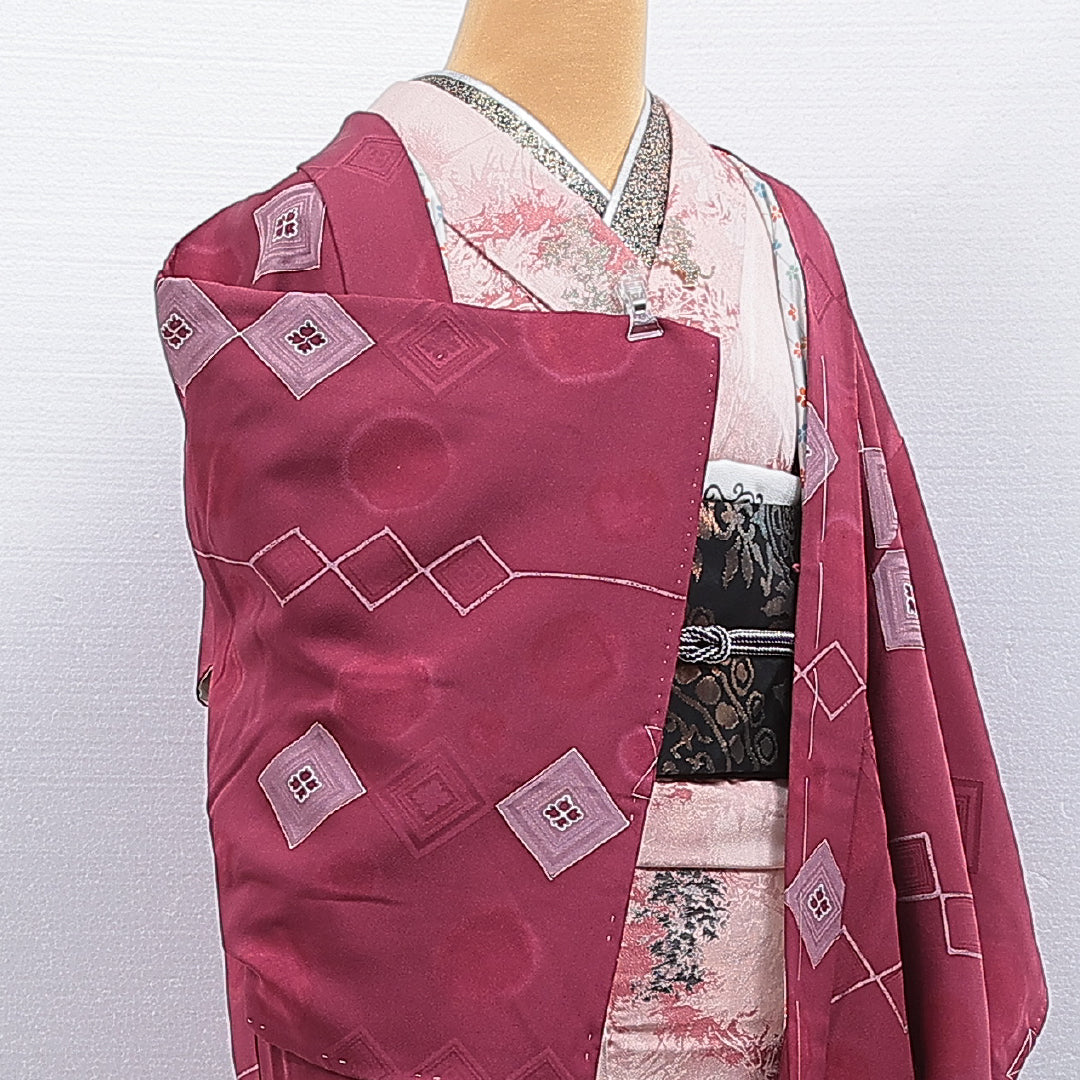 羽織 袷 身丈87cm 裄丈63cm 正絹 Sランク カジュアル Sサイズ 花菱 赤系 RP 1232-16123