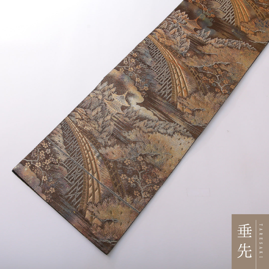 袋帯 帯丈418cm 正絹 六通 セミフォーマル 嵐山 京洛百景 渡月橋 黒系 金系 1243-02108