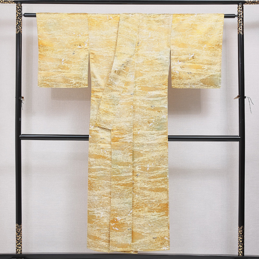 洗える着物 小紋 袷 身丈146cm 裄丈64cm ポリエステル Bランク インフォーマル 広衿 XSサイズ 流水 植物柄 黄系 HP 1221-16010