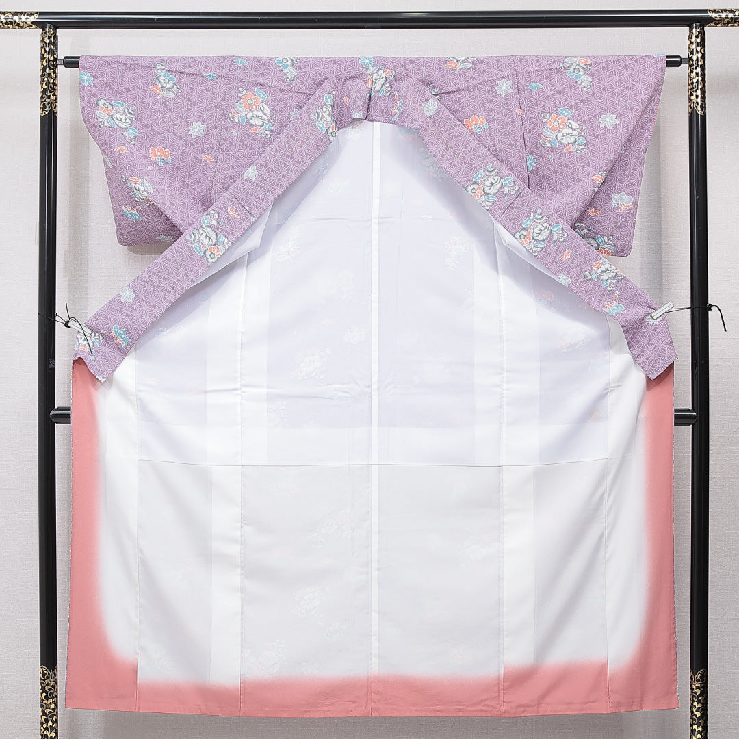 洗える着物 小紋 袷 身丈152cm 裄丈62cm ポリエステル Aランク インフォーマル 広衿 Sサイズ 椿 紫系 RP 1221-15843