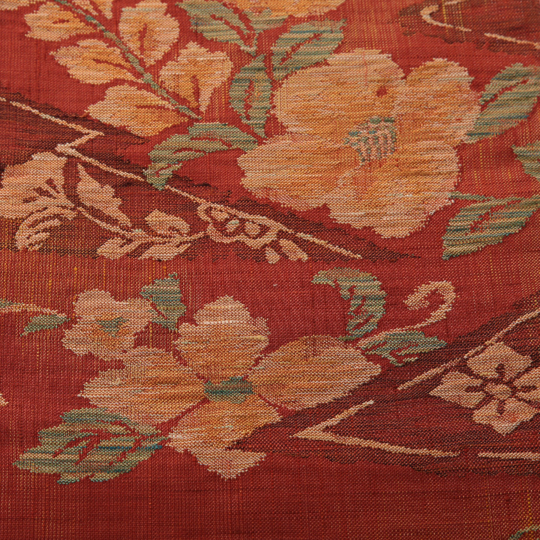 八寸名古屋帯 Sランク 帯丈363cm 正絹 六通 名古屋仕立て 織り カジュアル 紬 椿 朱系 LP 1245-03372