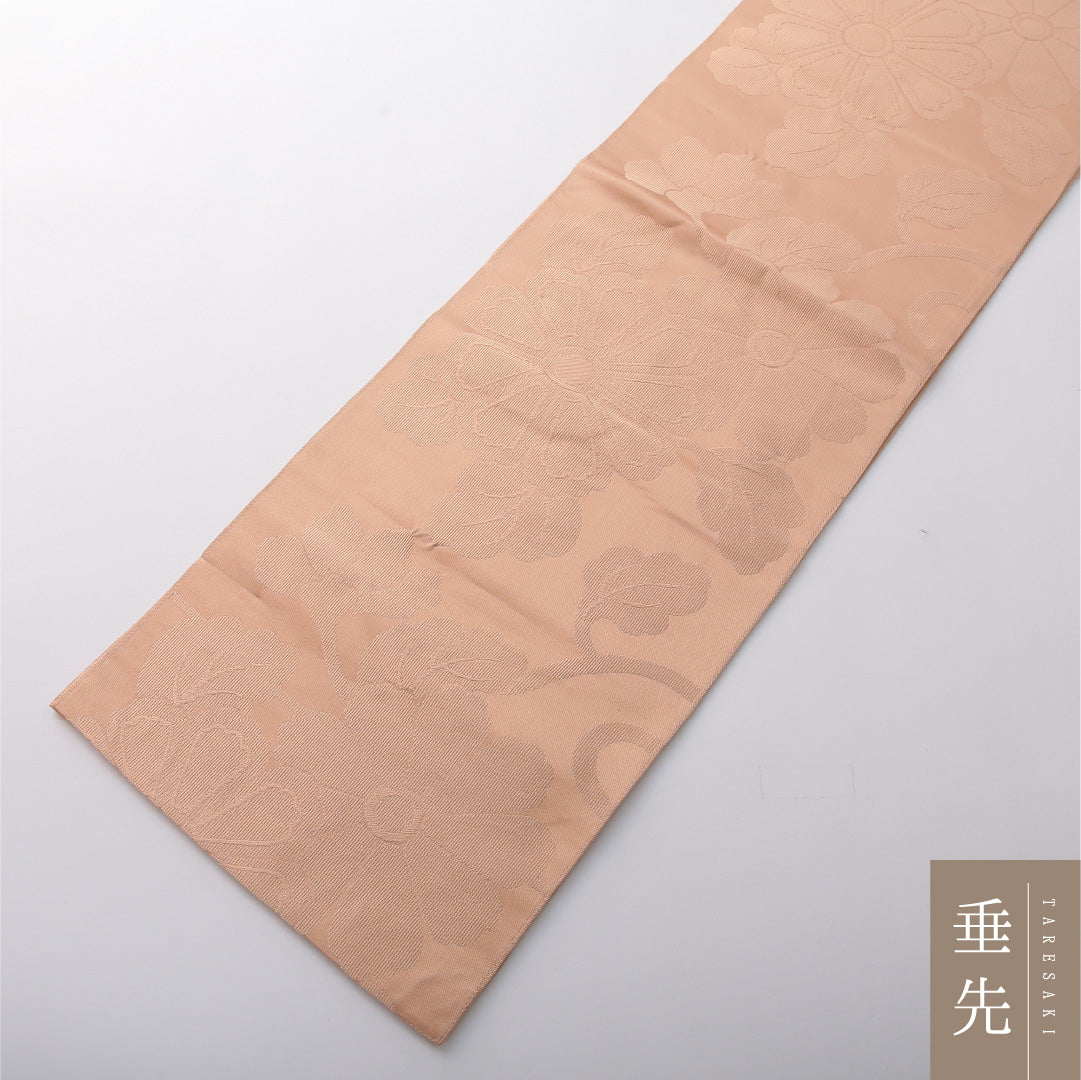 九寸名古屋帯 帯丈426cm カジュアル 開き仕立て 六通 Cランク 正絹 菊 ベージュ系 1224-03470