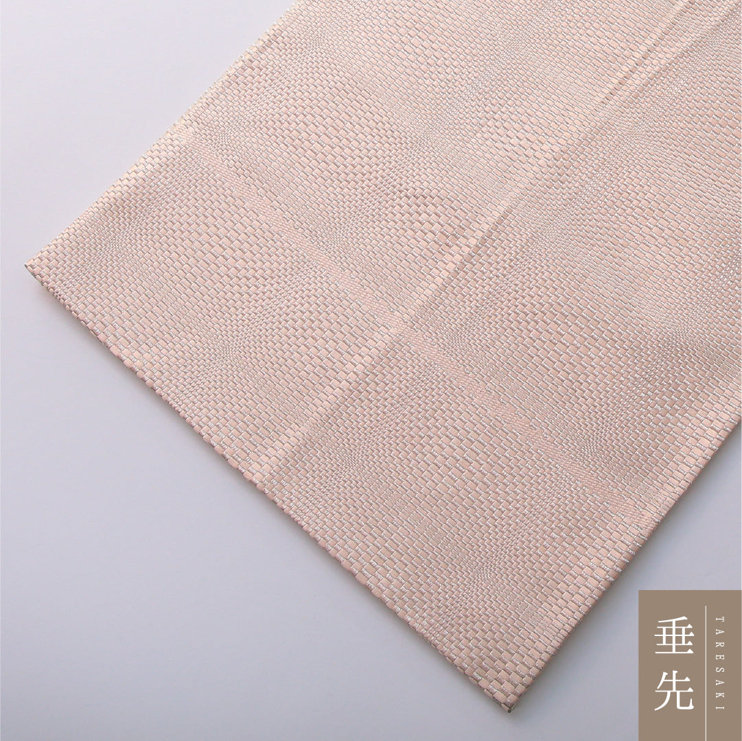 九寸名古屋帯 帯丈374cm カジュアル 開き仕立て 全通 リバーシブル Cランク 正絹 幾何学柄 クリーム系 1224-03402